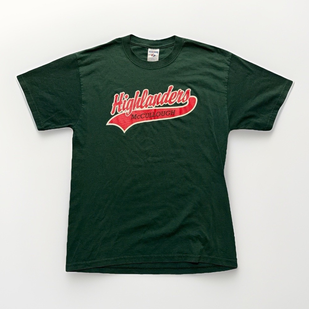 Vintage Jerzees T Shirt Mens Medium Green McCullough Highlanders Baseball Script